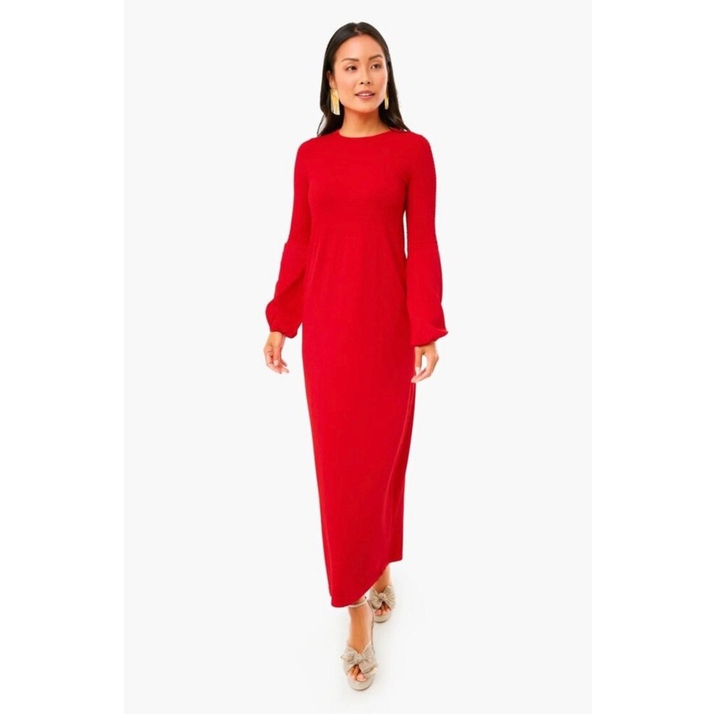 Pomander Place Lennox Sweater Knit Midi Dress M Red Preppy Smocked Ballon Sleeve